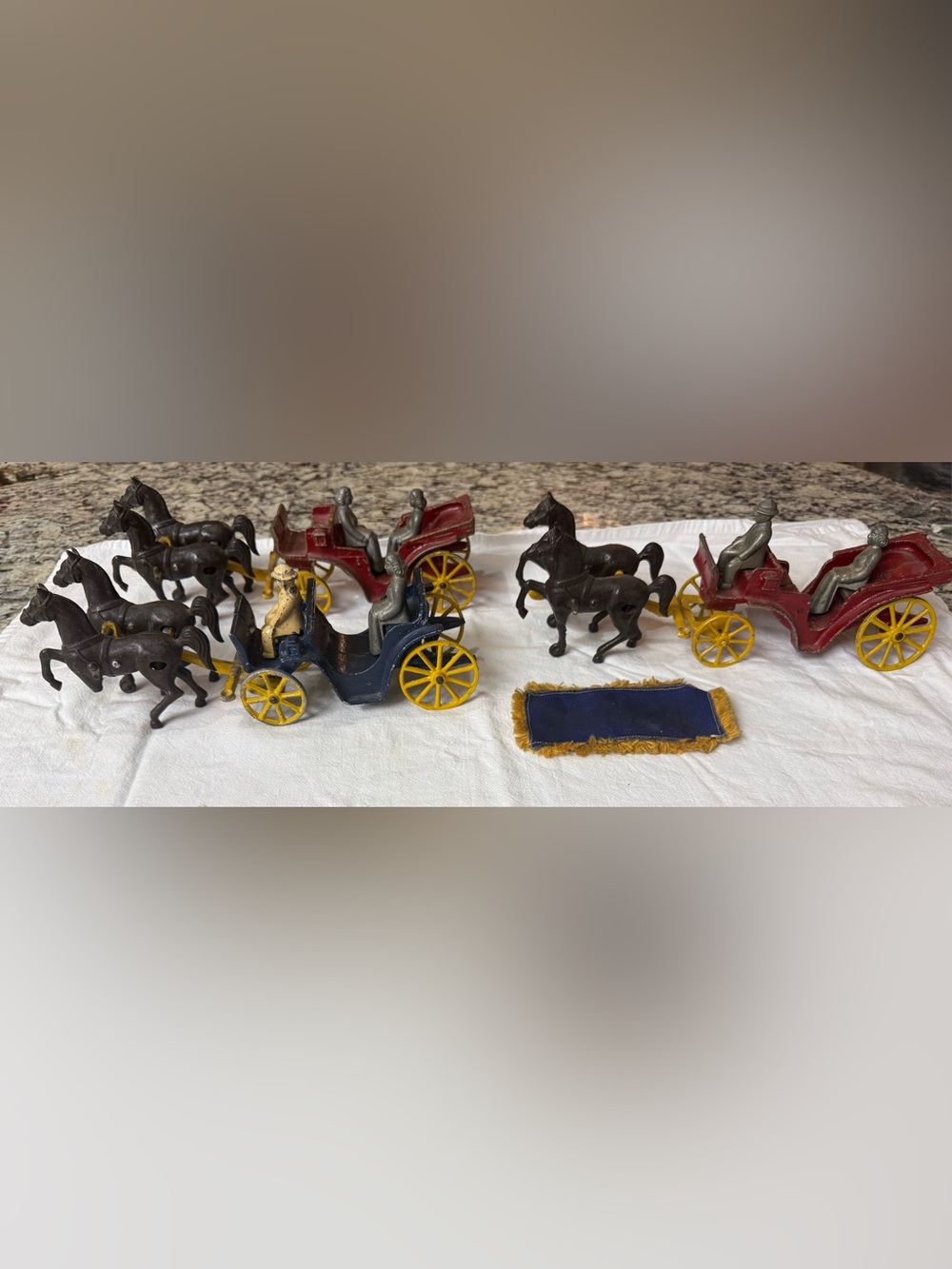 Stanley Metal Toy Carriage and Horse Ensemble in Blue, Red, Yellow